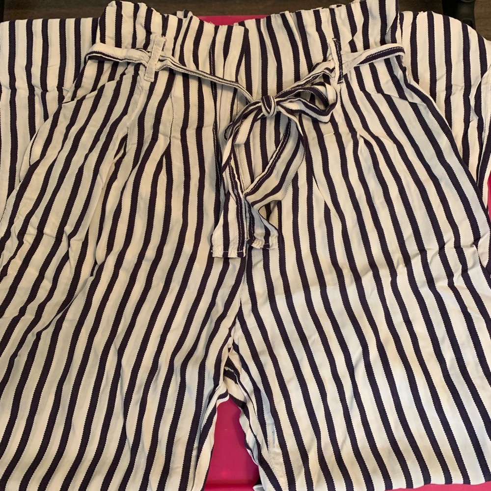 High Waist Blue & White Striped Pants